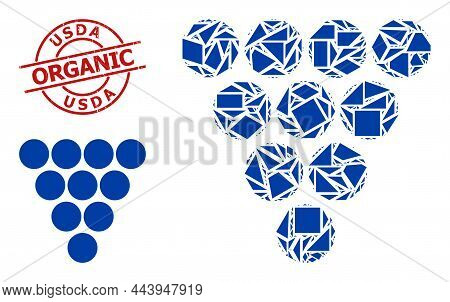 Simple Geometric Grapes Mosaic And Usda Organic Textured Stamp Seal. Red Stamp Seal Includes Usda Or
