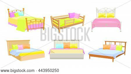 Beds With Pillows, Headboard And Blankets Set. Vector Illustrations Of Furniture For Home Or Hotel I