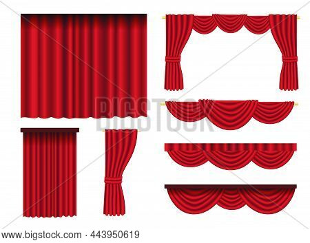 Curtains Made Of Red Fabric Cartoon Vector Illustration Set. Collection Of Luxury Window Curtains An