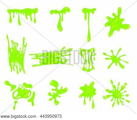 Green Slime Splashes And Blobs Set. Vector Illustrations Of Sticky Mucus Splat Or Dripping Goo Liqui