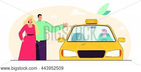 Taxi Driver Stopping By Married Couple. Husband And Wife Standing Next To Yellow Cab Flat Vector Ill