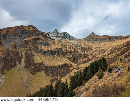 Beautiful Autumn Hike In The Beautiful Swiss Mountains Panorama Picture With The First Snow.mountain
