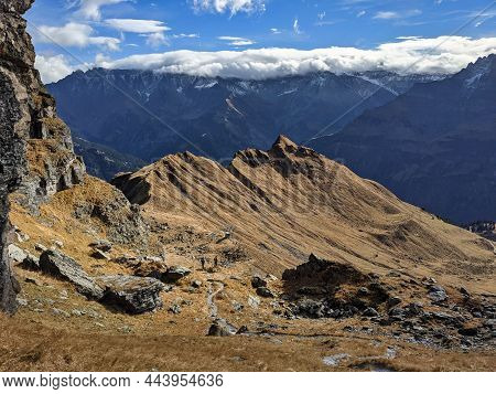 Beautiful Autumn Panorama In The Swiss Mountains. Elm In The Canton Of Glarus Near The Legerhutte. F