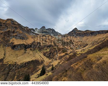 Mountain Landscape In Switzerland. Mountaineering In The Alps