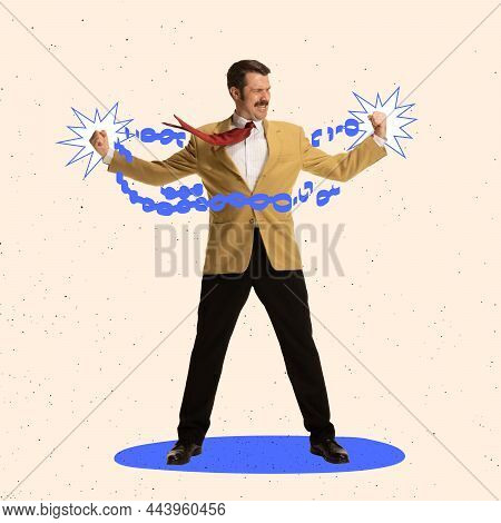 Creative Collage Of Businessman Breaking Chains Symbolizing Struggle And Freedom