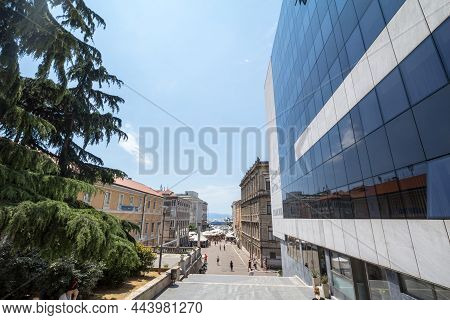 Rijeka, Croatia - June 18, 2021: Typical Street Of The City Center Of Rijeka, With Stairs And Large 