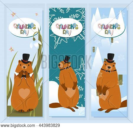 Groundhog Day Card. The Harbinger Of Spring. Cute Marmot Character. February 2. Vector Illustration 
