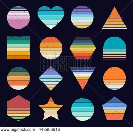 80s Retro Sunset With Grunge Texture, Abstract Vintage Sunsets. 1980s Style Striped Gradient Sun In 