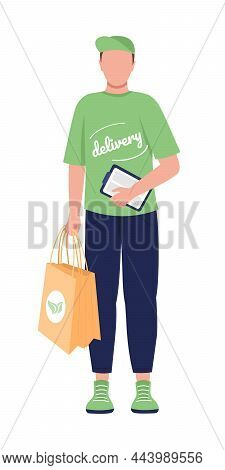 Delivery Man With Package Semi Flat Color Vector Character. Posing Figure. Full Body Person On White