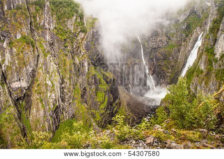 Beautiful View To Valley With182 M High Waterfall Voringfossen, Hardangervidda. Norway