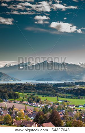 Beautiful Panorama View To Lake Zug And Rigi Mountain In A Beautiful Sunny Weather