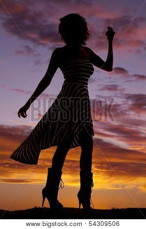 Silhouette Woman Stripe Dress Blow Look Back