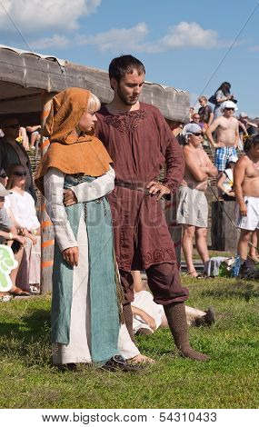 Unidentified Young Couple In Medieval Clothes At A Historical Reenactment Festival Held In Abalak, S