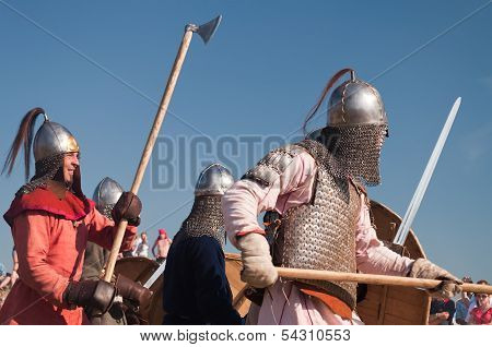 Unidentified Participant In Medievals Fight At A Historical Reenactment Festival Held In Abalak, Sib