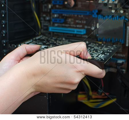 Hands Of Technician Installing Graphic Card