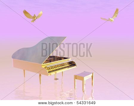 Golden grand piano - 3D render