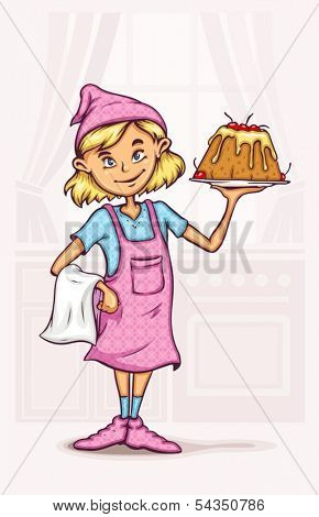 little girl cooking sweet cake at the kitchen - eps10 vector illustration