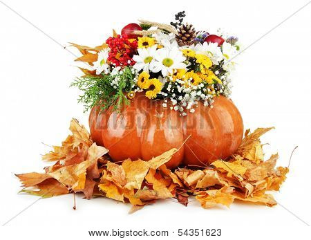 Beautiful autumn composition in pumpkin with yellow leaves isolated on white