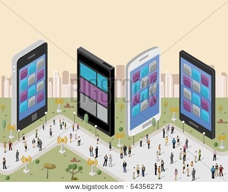 Business people in a city with smart phones 