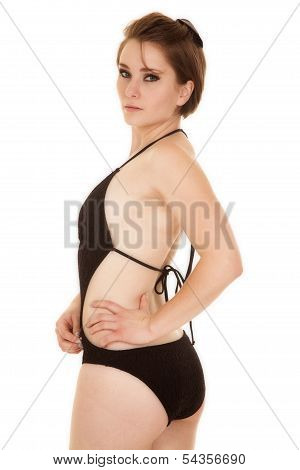Woman Black Swimsuit Back Looking