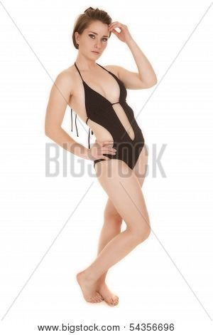 Woman Black Swimsuit Hand Head
