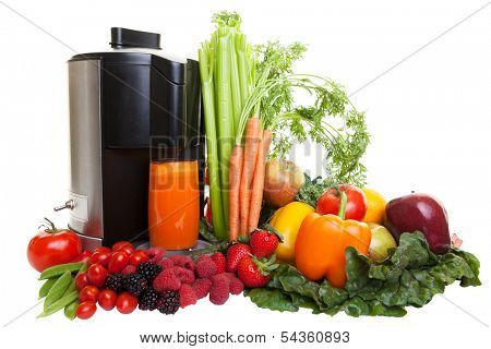 A Juicer surrounded by healthy fruits and vegetables, isolated on white.  