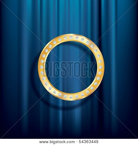 abstract vector background, golden ring with diamonds on blue velvet
