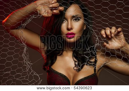 Sexy Woman Behind Wire Fence