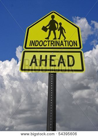 indoctrination ahead warning sign with children symbol