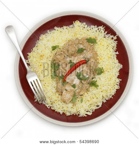 High angle view of balti chicken pasanda curry served on a bed of saffron rice, garnished with coriander leaves and a red chilli. 