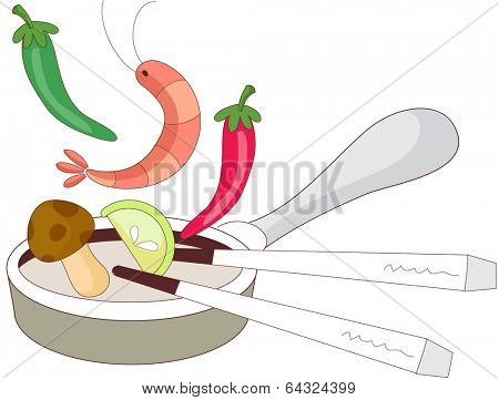 A vector illustration of peppers, shrimp, a mushrom and a lemon wedge in fry pan