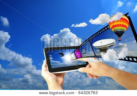 Female Hand Hold Digital Tablet Present Full Hd 3D Movie