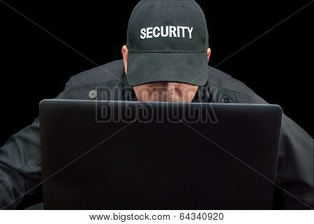 Security Working On Laptop, Brim Down