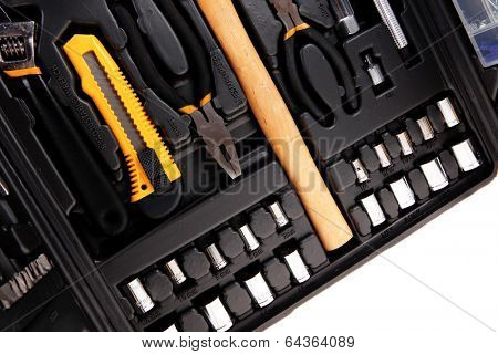 toolbox set of tools include hammer wrench bit driver pliers hex key bush level hex key