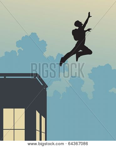 Illustrated silhouette of a base-jumper leaping off a building