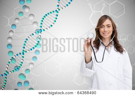 Happy doctor using stethoscope against dna helix in blue with chemical structures