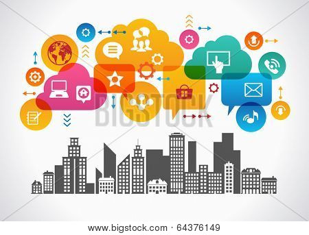 Digital Community. Concept social media city. File is saved in AI10 EPS version. This illustration contains a transparency    