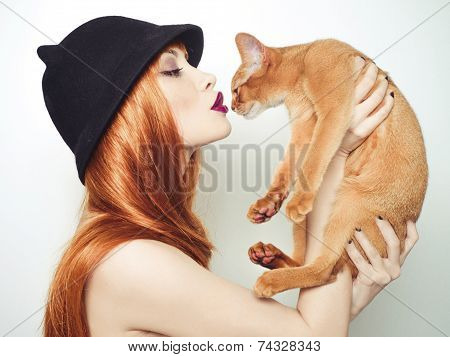 Beautiful Lady With Abyssinian Cat