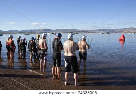 Participants Getting Ready For Swimming Leg Of Triathlon