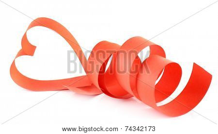 Heart shaped red paper ribbon isolated on white