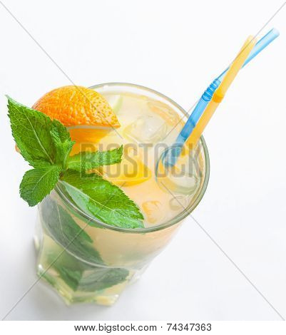 Glass Of Fresh Lemonade With Orange, Ice Cubes, Mint, Straws