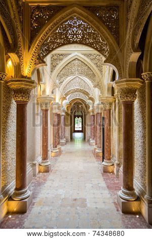 SINTRA - PORTUGAL - MAY 28 - Fairytale corridor of Monserrate Palace on May 28 2014 in Sintra. Placed near Lisbon, Sintra is a monumental village, one of the seven wonders of Portugal