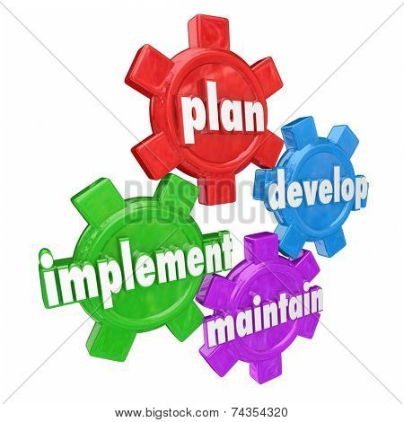 Plan, Develop, Implement and Maintain words on gears to illustrate the steps in creating and rolling out a strategy for a business, company or organization