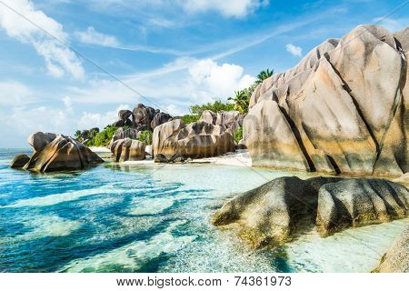 Anse Sous d'Argent beach with granite boulders and turquoise sea