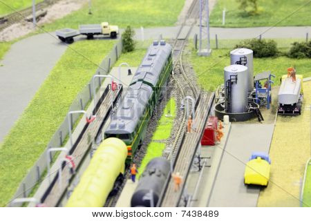 model of railroad station. railroad trains and some constructions