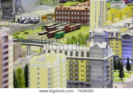model of railroad station. railroad trains buildings and other constructions