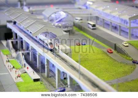 model of railroad station. railroad train buildings and other constructions