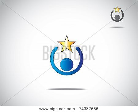 Blue Colorful Young Person Work Holding A Yellow Goldern Star Award Of Success, Excellence