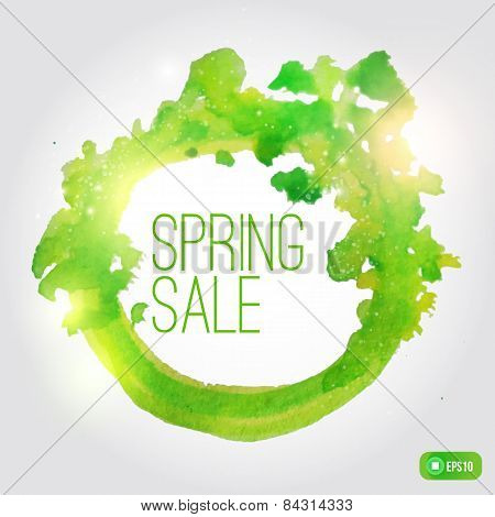 Vector watercolor spring splash banner with leaves and shiny particles. Artistic vector design for b