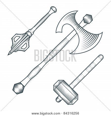 medieval axe warhammer mace engraving style illustration